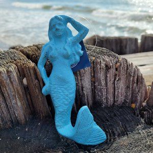 Distressed Blue Mermaid Hook Cast Iron Coastal Decor